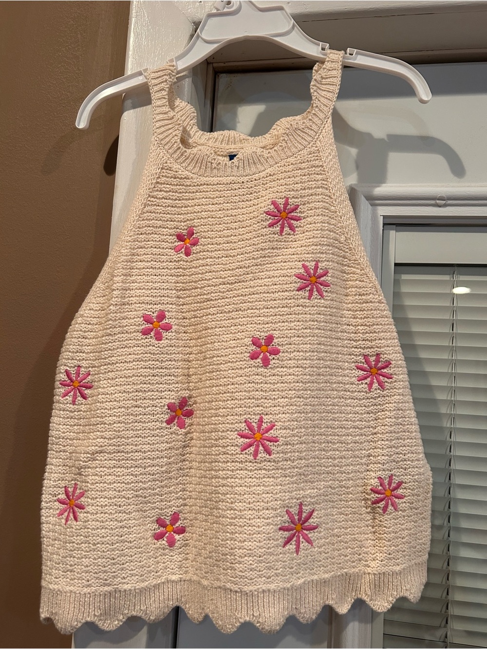 Old Navy Cream Knit Tank Top with Pink Flower Embroidery